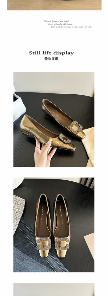 Giày Mary Jane nữ mũi vuông đế xuồng gót thấp, khóa chữ C đính đá, phong cách retro — Vàng cổ, Xanh đậm, màu đen chi tiết 10