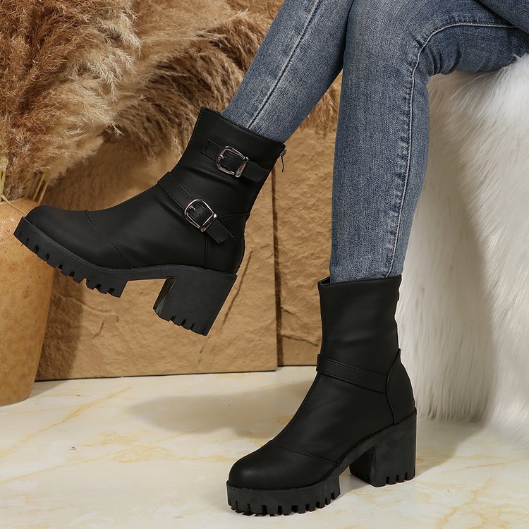 Big size thick heel boots women's autumn and winter fashion belt buckle explosive short boots cotton boots fashion boots_voghion.com
