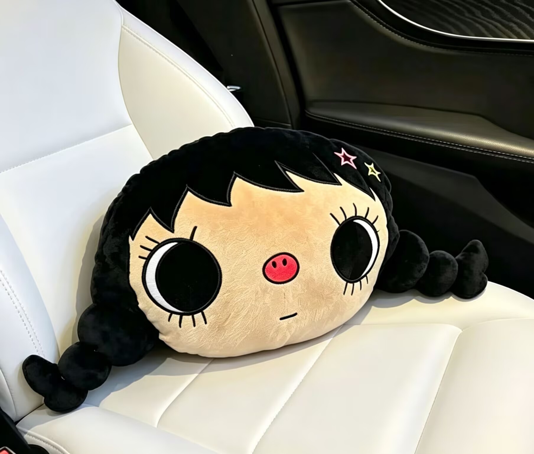 Trendy Big-Eyed Doll Car Headrest, Black Braided Girl Plush Neck Pillow, Internet Celebrity Style Throw Pillow