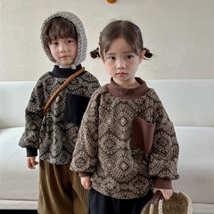 佳葉童品23兒童冬季新款加絨半高領碎花衛衣男女寶寶森系加厚上衣