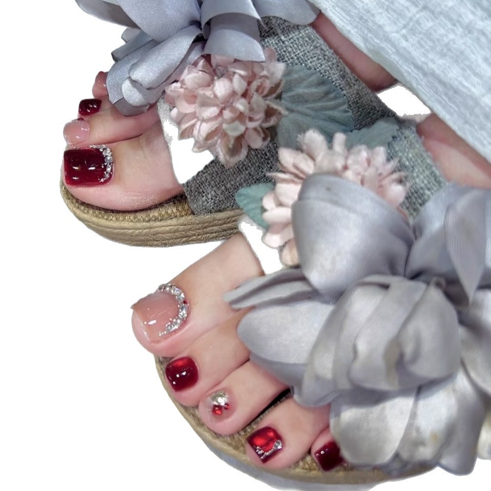 12 piezas de armadura de pie hecha a mano, nuevo estilo de verano, ojos de gato rojo blanco, uñas de pie, uñas de fototerapia, uñas, productos terminados