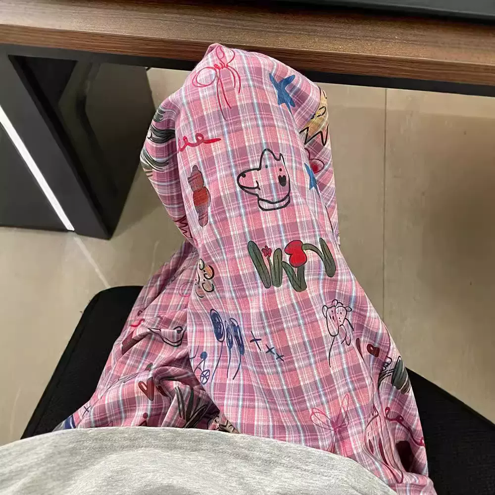美式甜酷手绘涂鸦格子裤女夏季薄款高腰宽松拖地休闲遛弯阔腿长裤