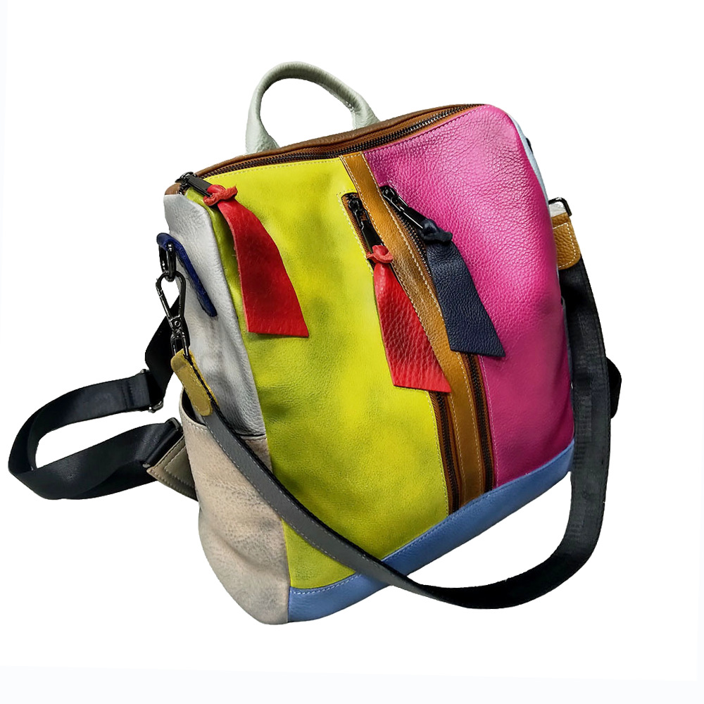 Leather Backpack With Colorful Cowhide Splicing, Single Shoulder Bag, Casual Backpack_voghion.com