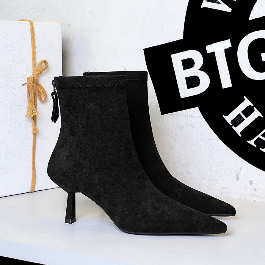 1895-1 Vintage Suede Pointed Toe Slim Thin Heel Mid-Heel Versatile Fashion Back Zipper Ankle Boots For Women_vogvips.com