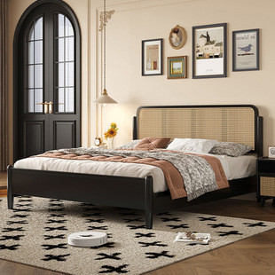 French Mid-Century Style Solid Wood Bed Double Master Bedroom Rattan Bed High-End Bedroom Black Simple American Retro Style Large Bed