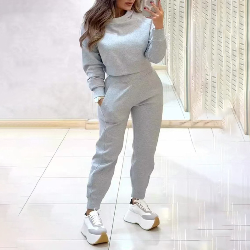 Cross-Border Amazon Plus Size Women's Spring and Autumn Round Neck Long-Sleeved Women's High-Waisted Pants Fitness Sports Casual Plus Velvet Suit Cross-Border Amazon Plus Size Women's Spring and Autumn Round Neck Long-Sleeved Women's High-Waisted Pants Fitness Sports Casual Plus Velvet Suit