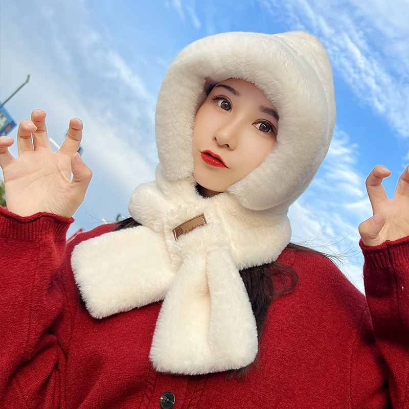 봉제 모자 여성 겨울 한국어 버전 따뜻한 사이클링 두꺼운 모자 스카프 2 피스 세트 토끼 모피 귀 보호 모자 방한 모자