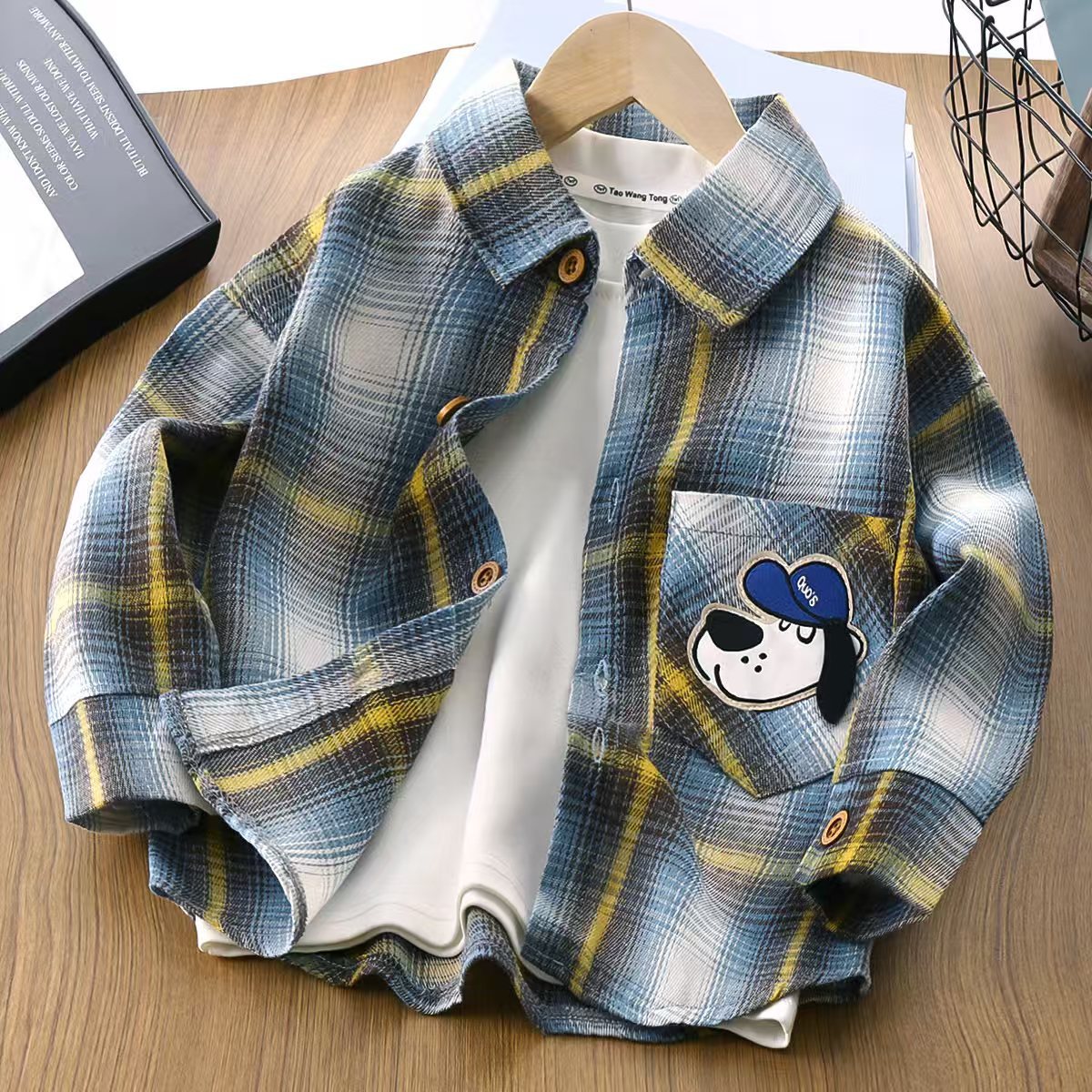 Korean Style Trendy Boys' V-Neck Long-Sleeve Casual Plaid Shirt Top Korean Style Spring and Autumn Cardigan