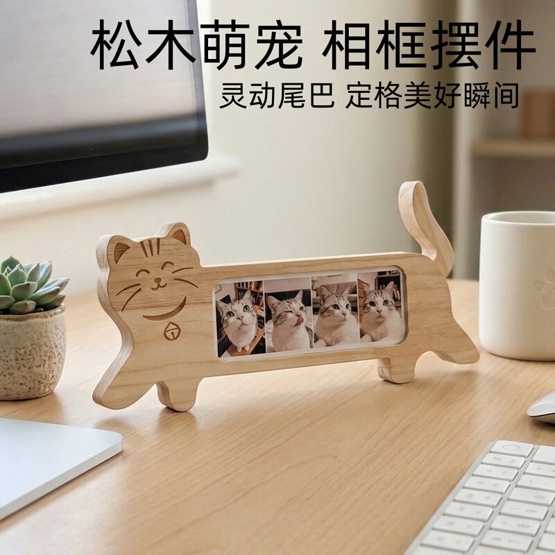 Wooden cat-shaped photo frame, kitten-shaped photo display stand, pet commemorative photo frame, lying cat ornament Wooden cat-shaped photo frame, kitten-shaped photo display stand, pet commemorative photo frame, lying cat ornament