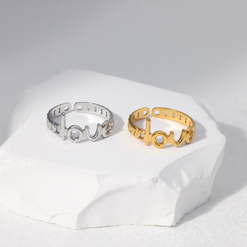 4g Weight 0.03µm-0.05µm Gold Plating Thickness PVD Coated Gold Plating Process PVD Coated Real Gold Plated Letter Stainless Steel Fashion Waterproof Non Tarnish Open Ring