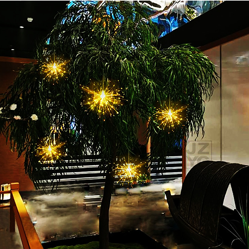 Venta al por mayor fuegos artificiales solares explosión luz LED diente de león alambre de cobre boda patio paisaje decoración vacaciones color Cadena de luz