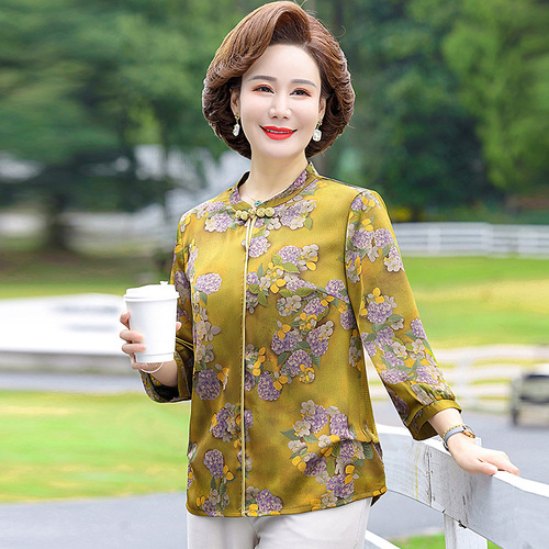 Women tang suit chinese dress retro qipao printed blouse tops v-neck shirt sleeve cheongsam show thin jacket  garment to loose old mother