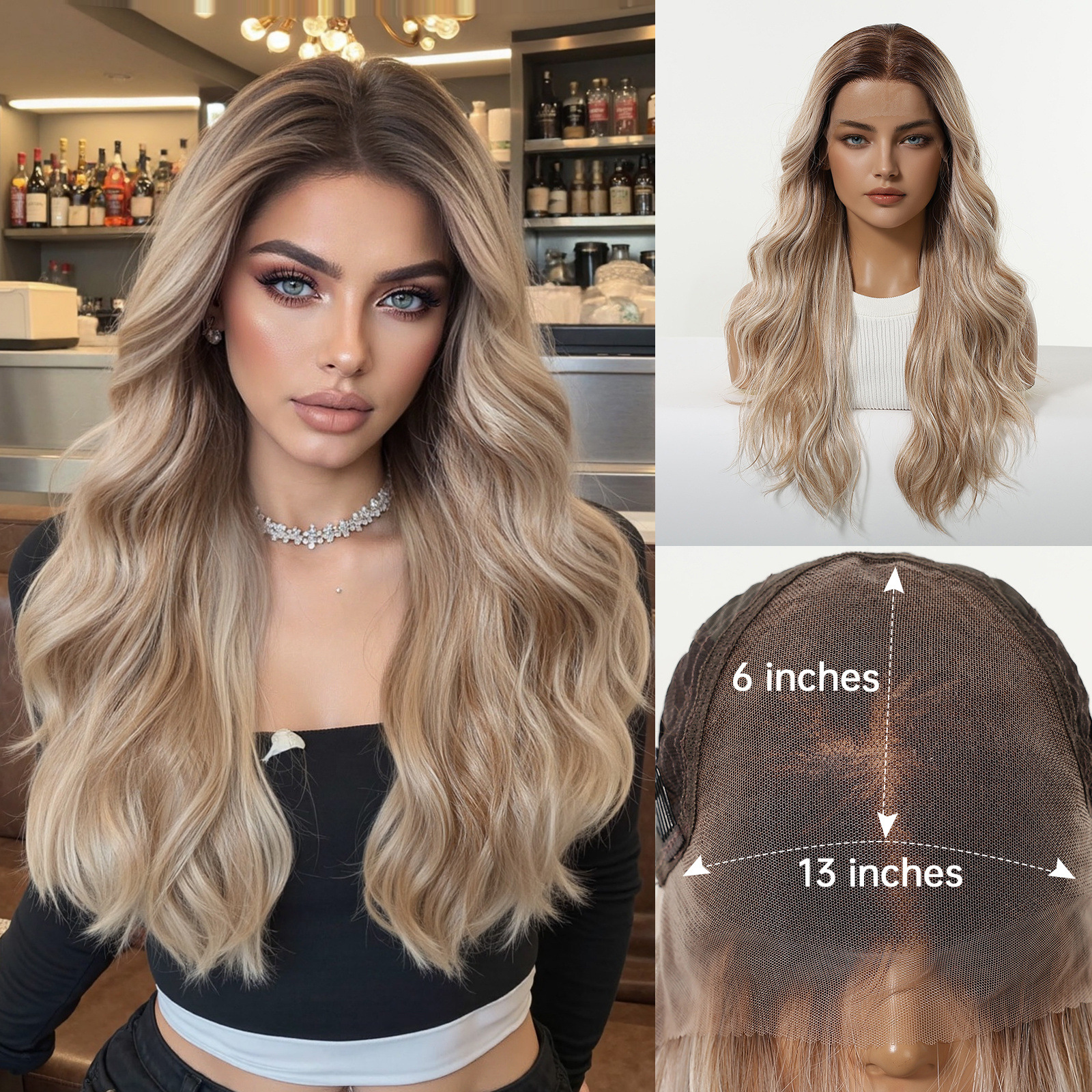 Peluca de encaje Futura de gran tamaño 13*6 para mujer, cabello largo y rizado en degradado marrón claro, peluca completa.