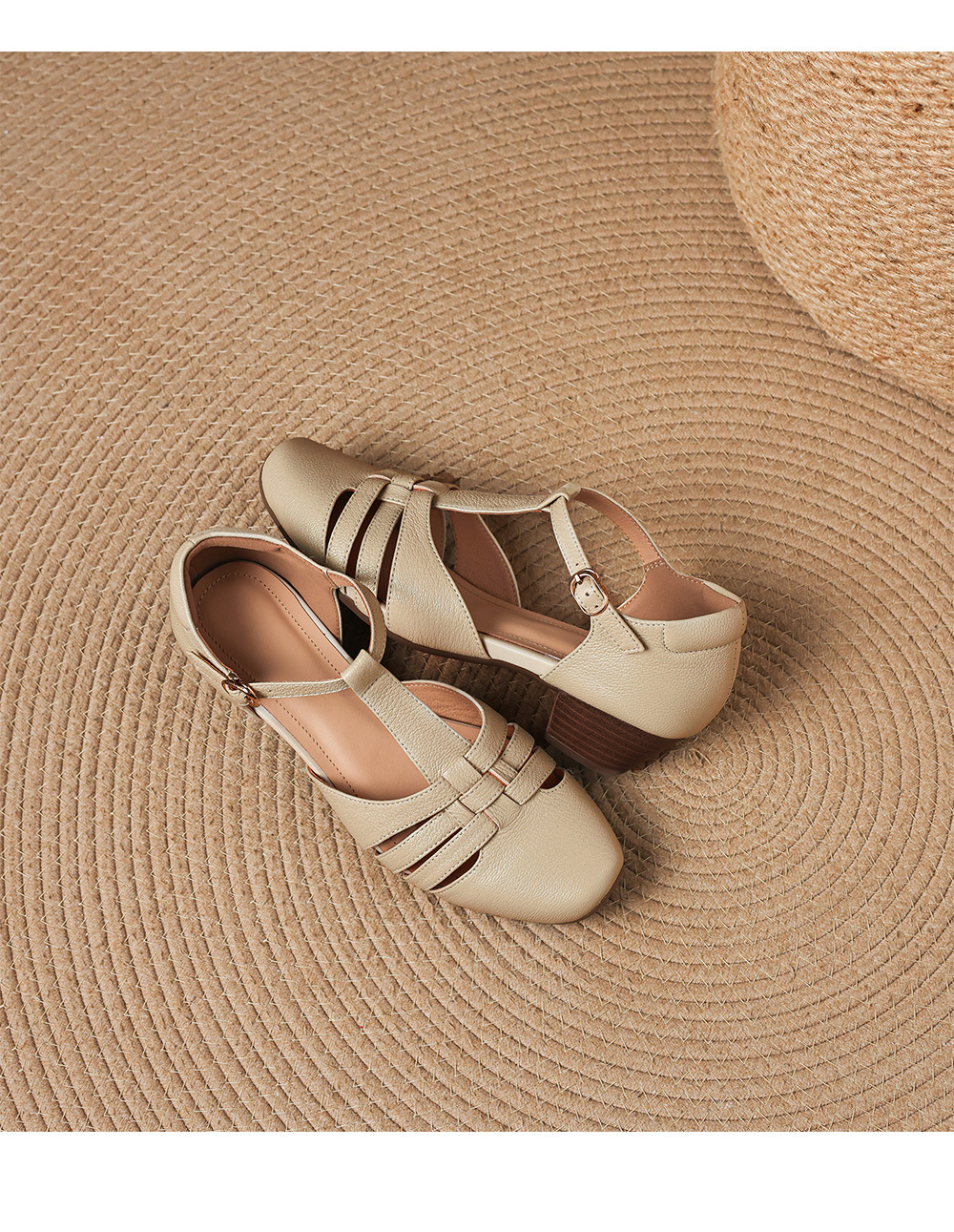 Sandal nữ da cừu dệt bao đầu mũi vuông gót dày 3.5cm quai ngang kiểu La Mã — màu trắng ngà chi tiết 17