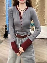 棉复古撞色长袖t恤女2025早秋新款大码胖MM修身内搭打底衫上衣