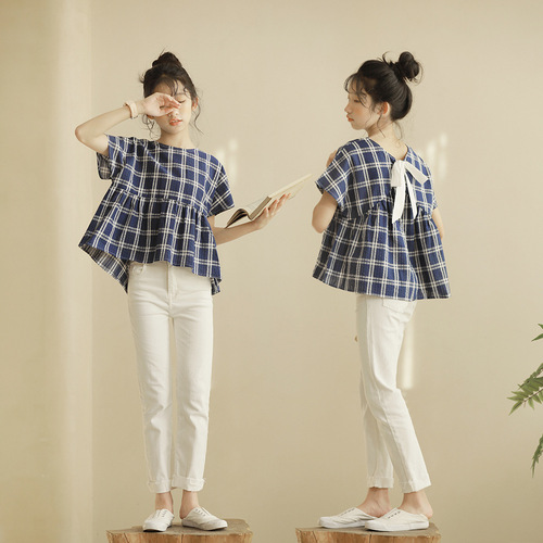 2024 New Middle-Size Girls' Cotton Plaid Doll Shirt, Japanese and Korean Style Short Sleeve Thin and Soft Girls' Top, Summer High-Quality Children's Clothing
