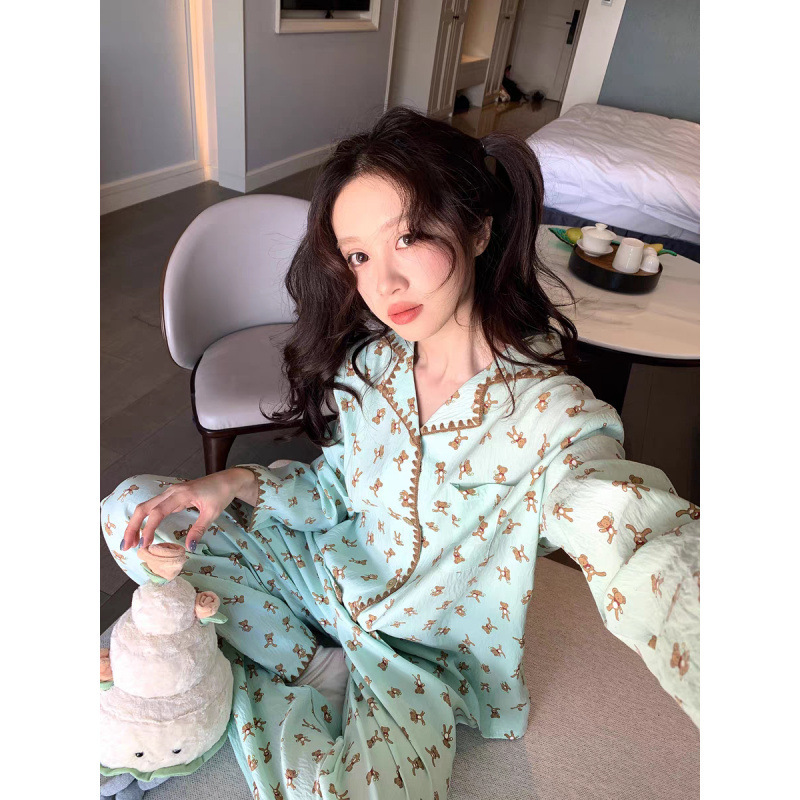 Xiaohongshu Dropshipping Korean Bear Print Pajamas for Women, Spring and Autumn Cardigan Long-Sleeve Long-Pants Set, Cross-Border Wholesale Xiaohongshu Dropshipping Korean Bear Print Pajamas for Women, Spring and Autumn Cardigan Long-Sleeve Long-Pants Set, Cross-Border Wholesale