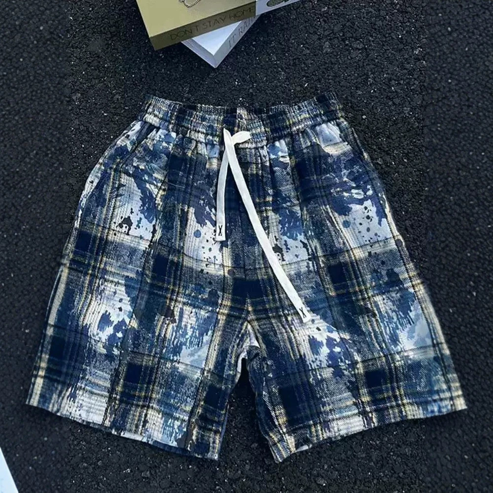 Trendy High Street Casual Retro Tie Dye Plaid Shorts Loose Fit For Men And Women Suitable For Wearing Outside And At The Beach_viptrois.com