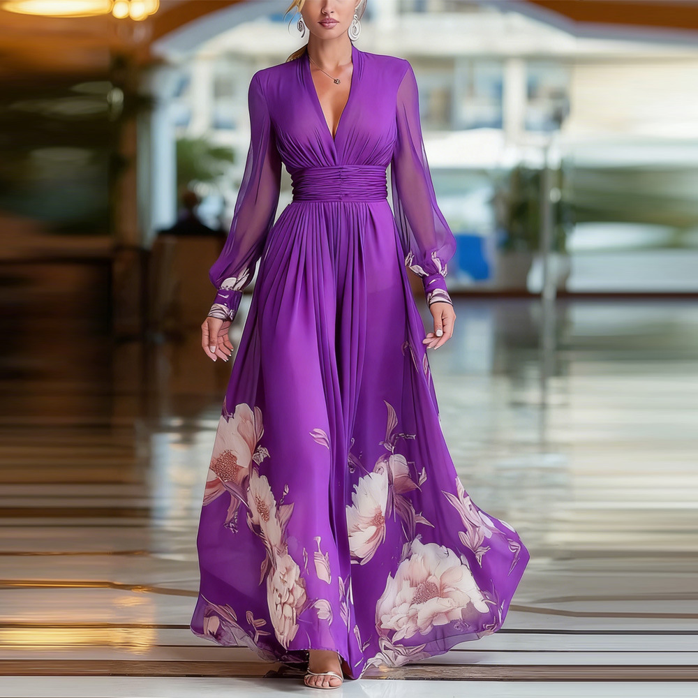 Robe longue printanière à empiècements en maille, coupe ajustée, style français, pour femme. Robe maxi imprimée polyvalente._voghion.com