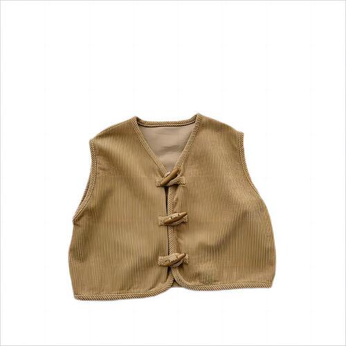 Children's Japanese-style corduroy waistcoat sleeveless vest, new spring and autumn style for boys and girls, retro wooden-button corduroy waistcoat