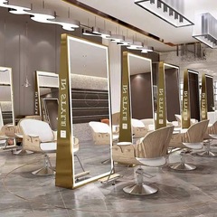 インターネット有名人理髪店ミラーフロアスタンド片面ライト付きステンレス鋼ヘアカットパーマと染色ミラーヘアサロン特別な理髪ミラー