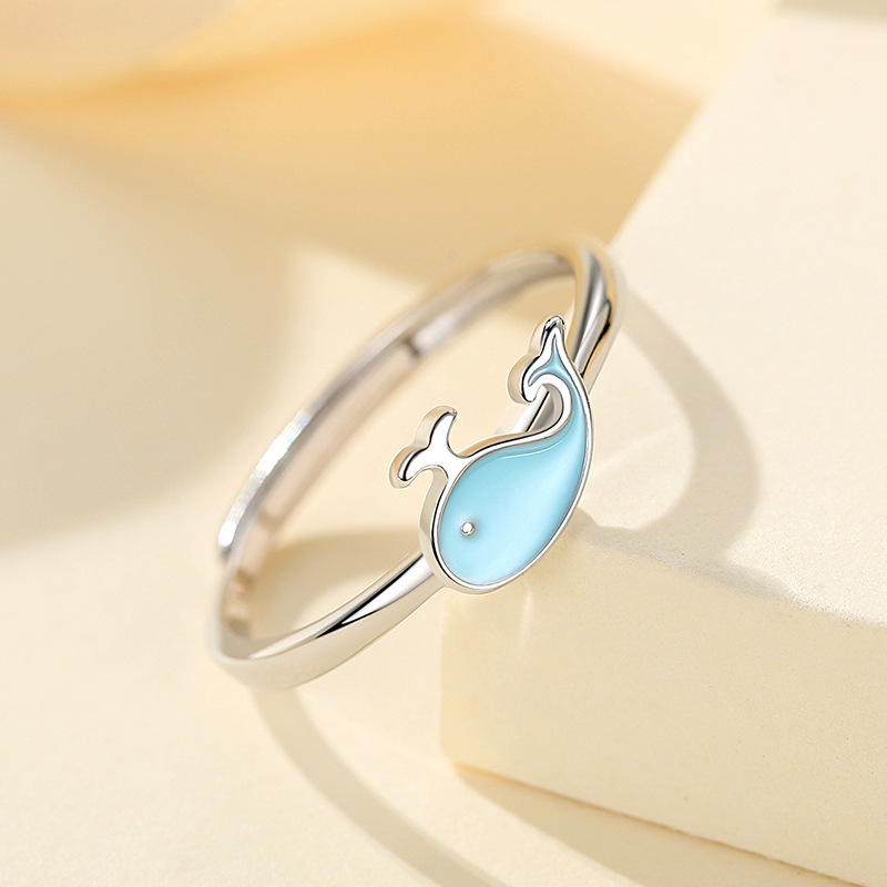 S925 plata esterlina pequeño animal anillo hembra dibujos animados pequeña ballena delfín anillo simple temperamento abierto anillo femenino al por mayor