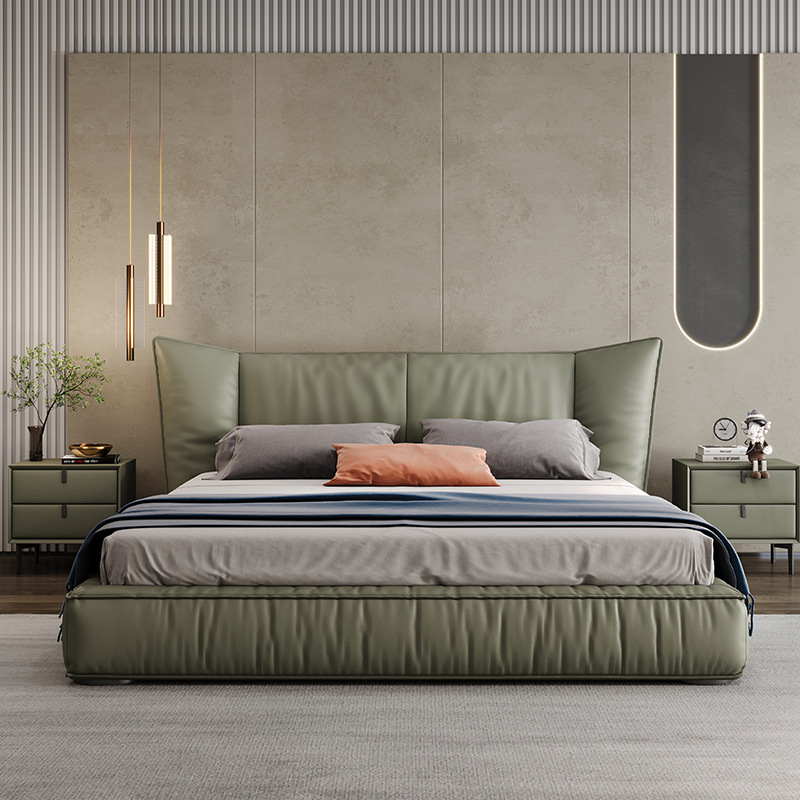 Cama de cuero genuino dormitorio principal elegante cama doble italiano minimalista primera capa piel de vaca simple bolsa suave cama de cuero 1,8*2 m cama de boda