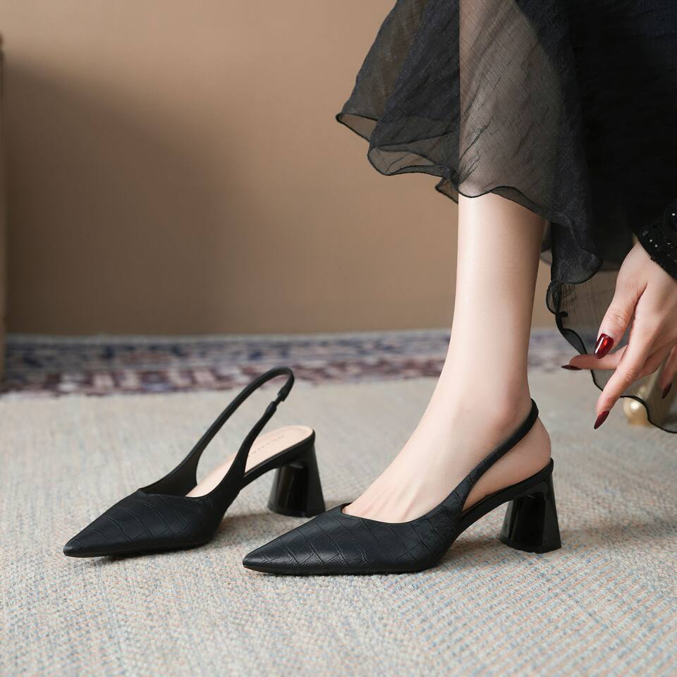 Sandal cao gót nữ mũi nhọn hở gót gót thô vân cá sấu, gót 6–8 cm — Màu hồng nhạt, Màu vàng nhạt, màu đen