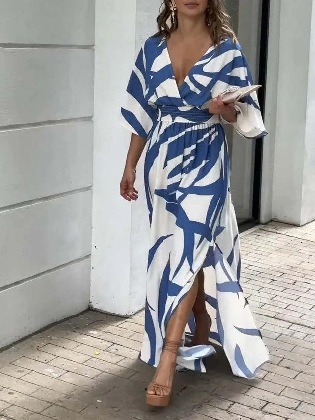 2025 European and American Clothing Amazon Aliexpress Independent Station Mid-Sleeve V Neck Digital Printing Dress Long Skirt