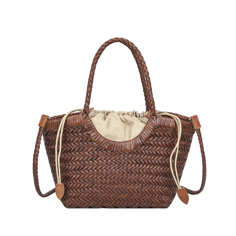 2026 Spring/Summer New Woven Market Basket Shoulder Crossbody Bag For Women Retro Genuine Leather Handbag Vacation Style Bag - Thumbnail 5
