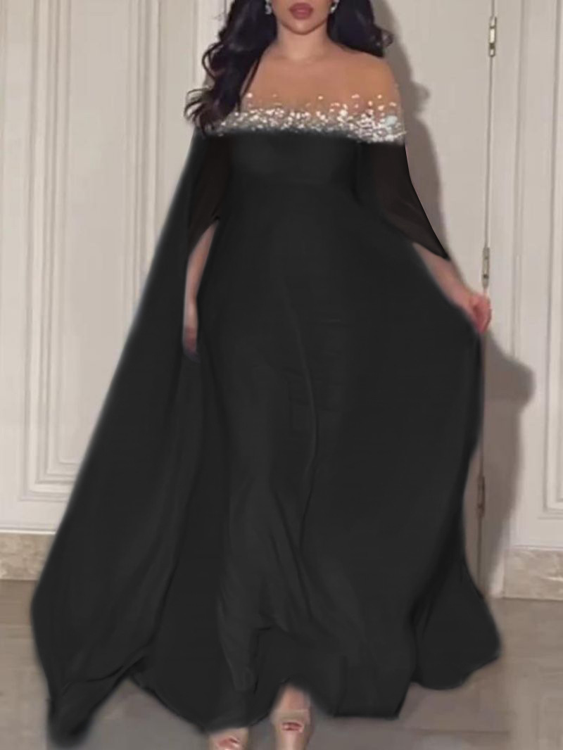 Elegant aftenkjole for damer med perler og stein i chiffon_voghion.com