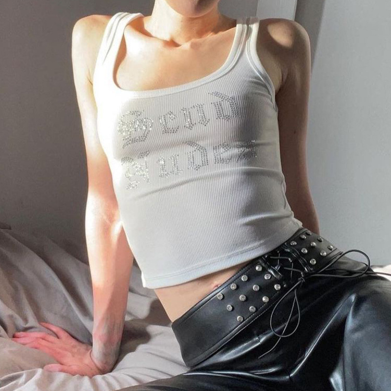 Women's Sexy U-Neck Sleeveless Short Vest Casual Fashion American Style Spring Summer Rhinestone Detail_ecoleips.com