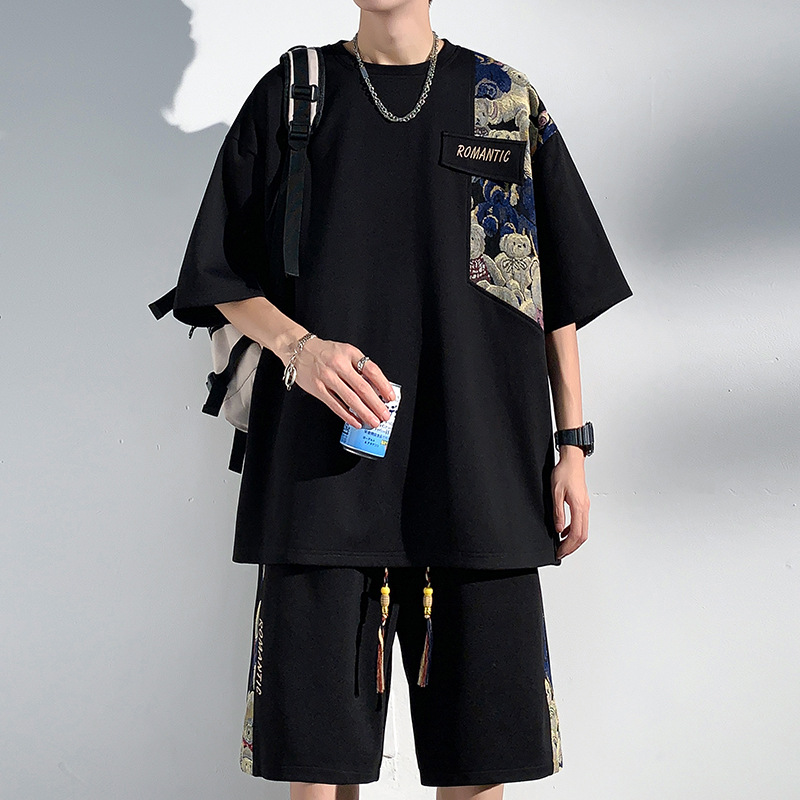 Ensemble short à manches courtes pour homme, style chinois tendance été, patchwork, coupe ample et amincissante, grandes tailles, sport décontracté_voghion.com