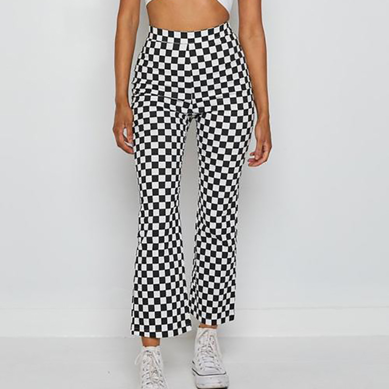 Spring Mid-waist plaid Printed Micro-flared Pants  NSBLS119353