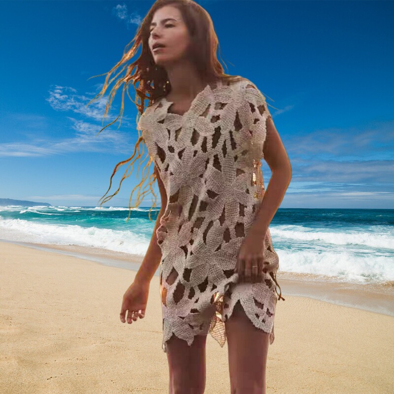 Seaside Holiday Style Hollow-out Lace Long Top Women's High-end Irregular Crochet Single-side Sleeve Mid-length Blouse