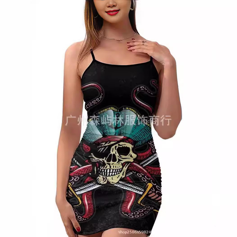 Cross-border European and American New Pirate Sling dress Pirate Printed Sexy Tight Hip Sling dress