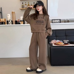 女児の韓国版のカジュアルスーツの中で、子供と秋の新型の洋気のアルファベットのガードルの流行のストレートなズボンの2つのセット