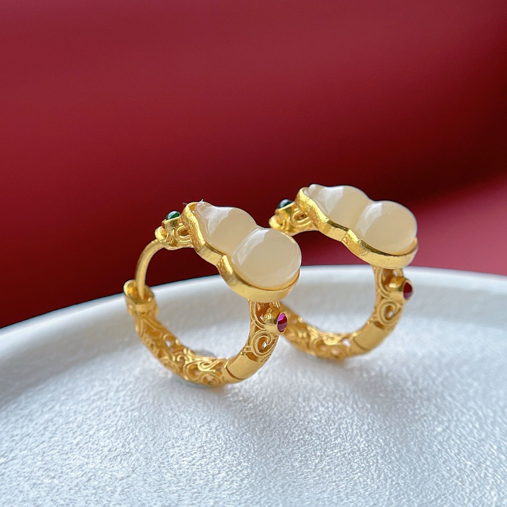 S925 Древний французский серебряный позолоченный филигранный овечий нефритовый сережки женские серебряные кольца