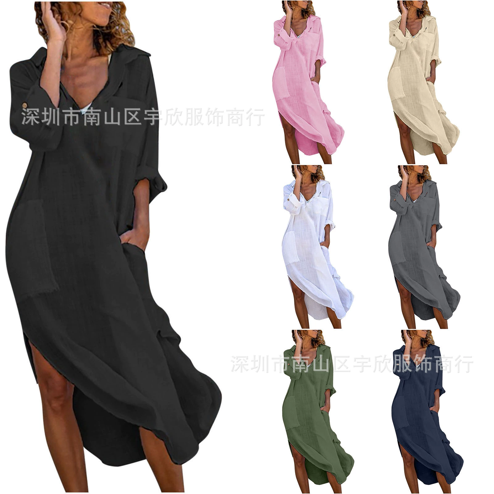 2025 новая популярная однотонная рубашка с пуговицами и разрезом, свободная дышащая повседневная рубашка из хлопка и льна, длинное платье-рубашка для женщин