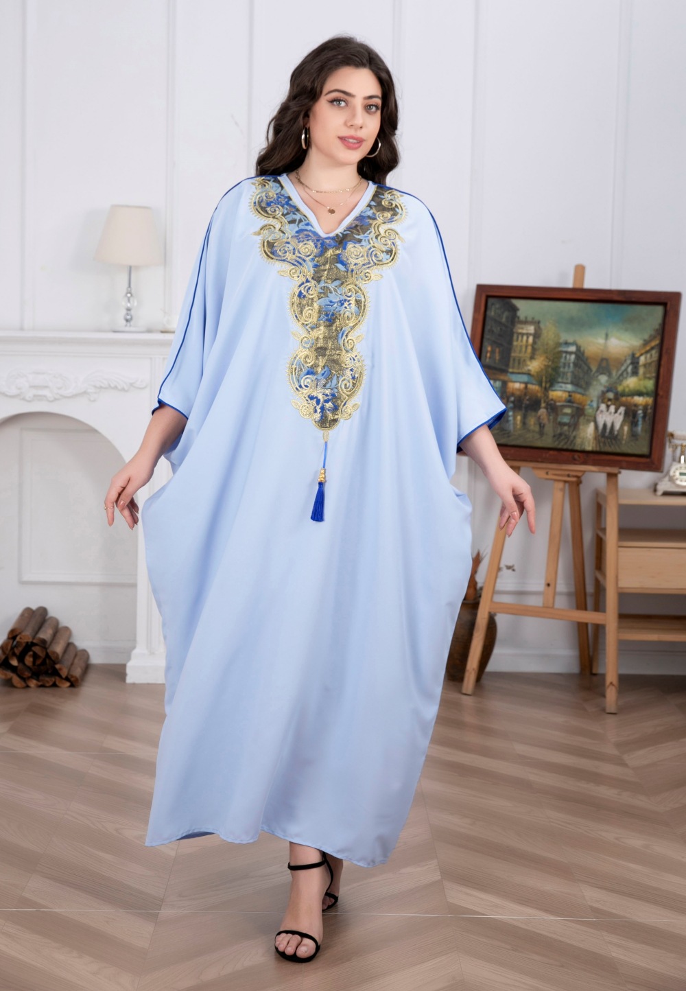 Indonesian-Middle Eastern Cross-border Women's Robe With V-neck, Embroidery, And Tassels, Elegant Arabic Robe,_ecoleips.com