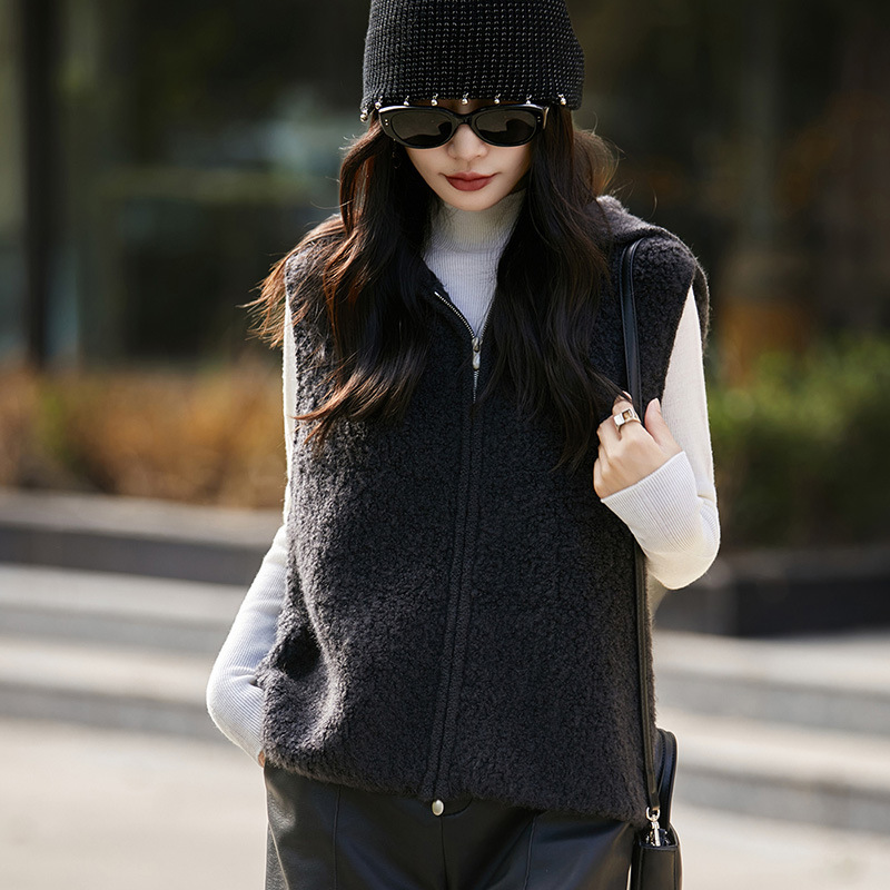 25 Years Autumn and Winter New Pure Wool Hooded Knitted Vest Cardigan Zipper Women's Ring Wool Sleeveless Layered Waistcoat Top