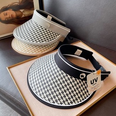 帽子女夏季千鳥格可摺疊空頂太陽帽草帽遮臉防曬帽拉菲草遮陽帽女