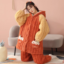 珊瑚绒睡衣女冬季三层夹棉加绒加厚可爱卡通法兰绒大码家居服套装