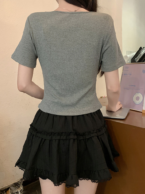 2025 半袖右肩 Tシャツレディース夏スリムフィット不規則なニッチデザインユニークで美しいピンチウエストトップ|undefined