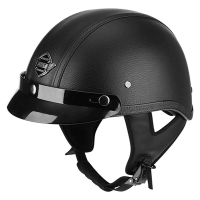3C certification Four Seasons men's and women's four seasons fashion pedal locomotive universal electric car retro helmet half helmet safety helmet leather helmet (Motosiklet kaskı (dəbilqə)) - black-leather-brim-m56-57cm
