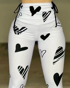 2023 Europe and the United States cross-border new women's clothing drawstring love printing yoga sports hip fitness leggings women