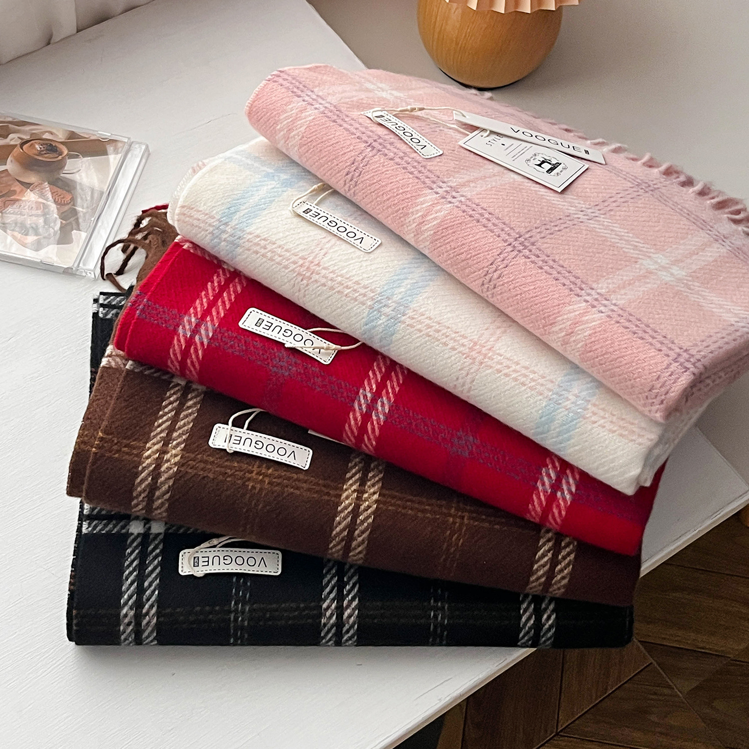 Autumn and winter thickened striped scarf, Korean-style retro faux cashmere shawl with tassels, unisex plaid neck warmer
