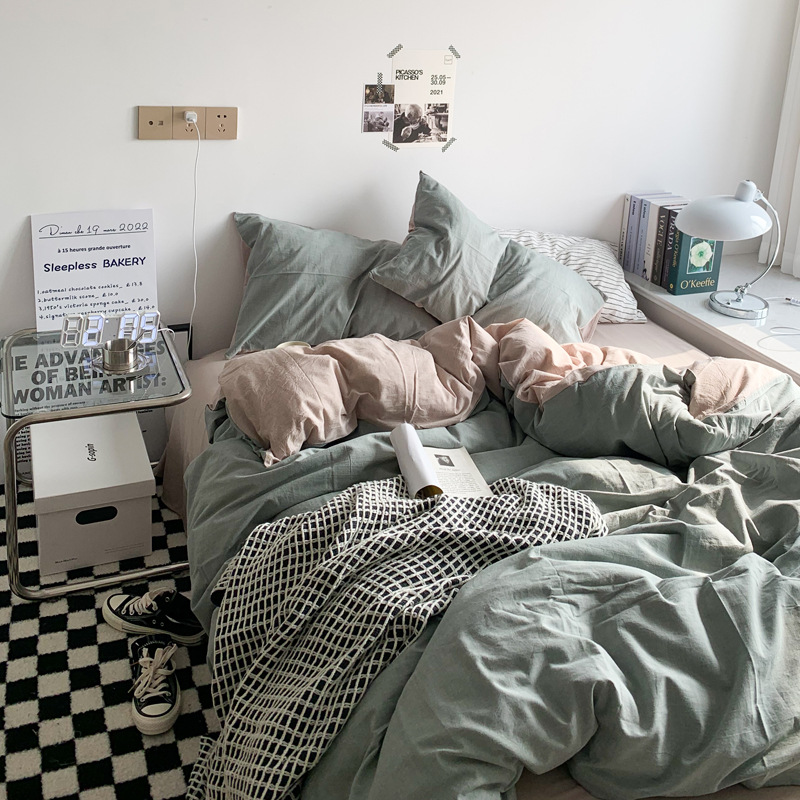 Youyixin ropa de cama de algodón lavado de cuatro piezas, funda de edredón, funda de cama, kit de sábana, dormitorio de estudiantes de tres piezas al por mayor