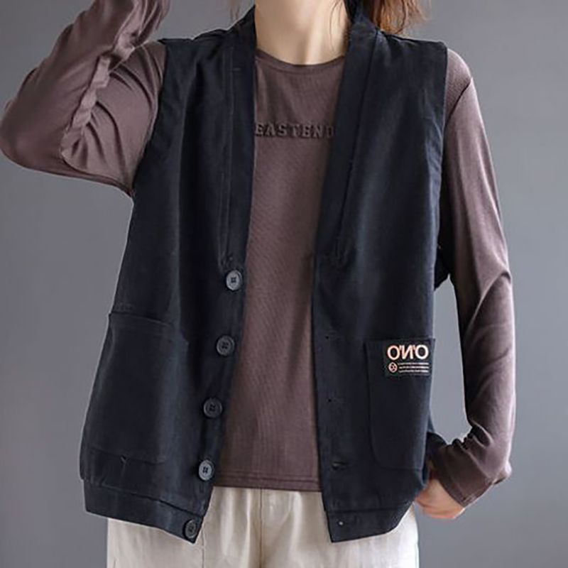 Casual estilo japonés chaleco de lino de verano delgado suelto chaleco de botón de cuello en V simple chaleco protector solar image 1