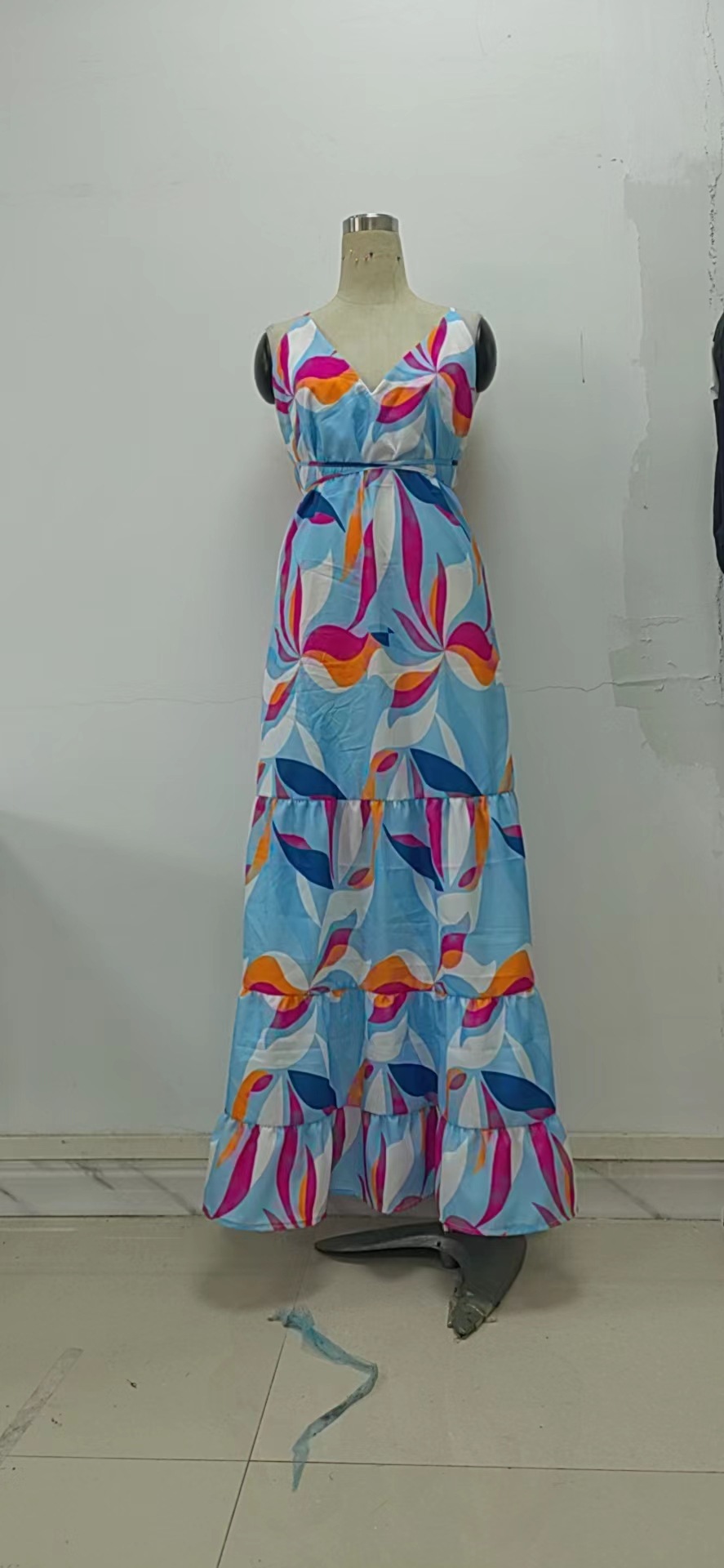 Summer Slimming Printed Dress Cinched Mid Length Dress Office Backless Slip Dress